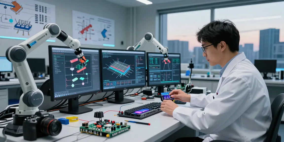 Analyzing piezo switch technology in a modern lab with scientific equipment and urban skyline.