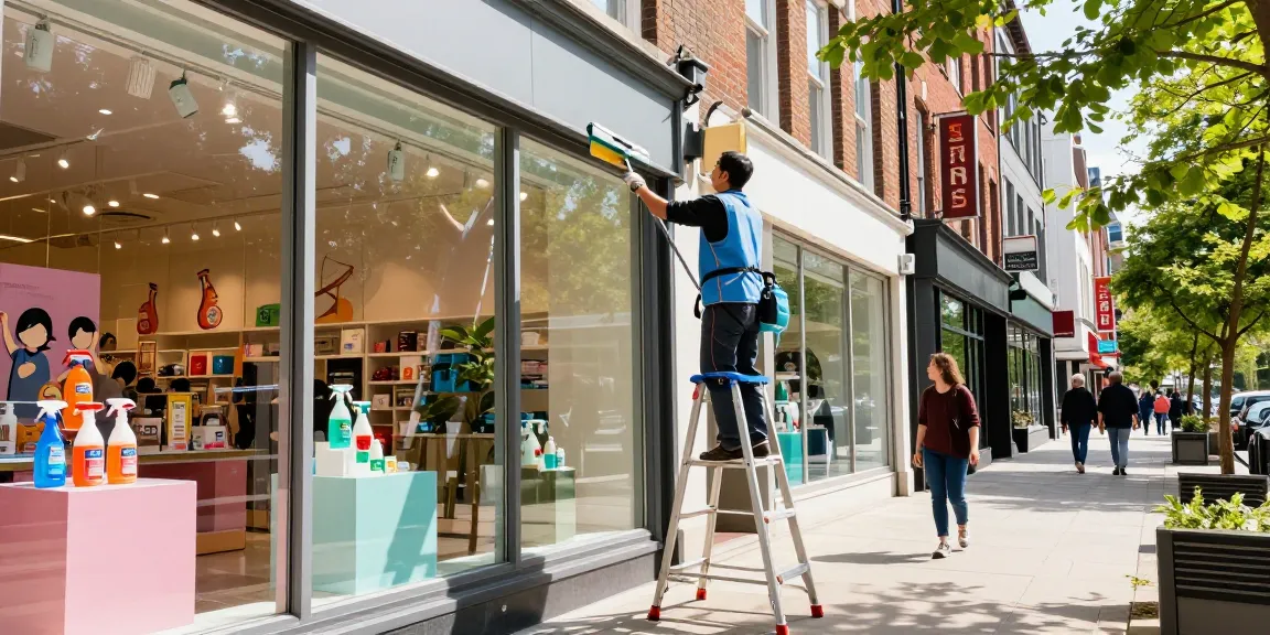 Professionelle Schaufensterreinigung Dortmund in einem urbanen Geschäft mit strahlenden Fenstern.