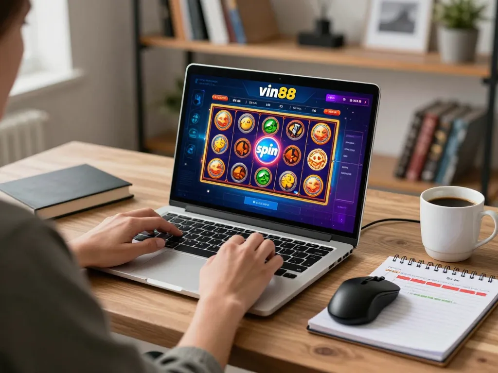 Engaged gamer interacting with the vin88 casino platform on a vibrant online setup showcasing strategy notes and gaming tools.