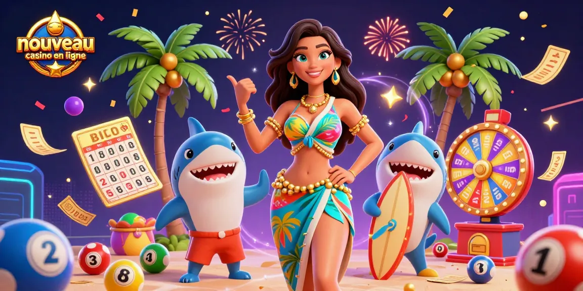 Découvrez l'excitation du nouveau casino en ligne avec une scène 3D vibrante d'une femme et d'un requin de dessin animé entourés d'éléments de loterie.