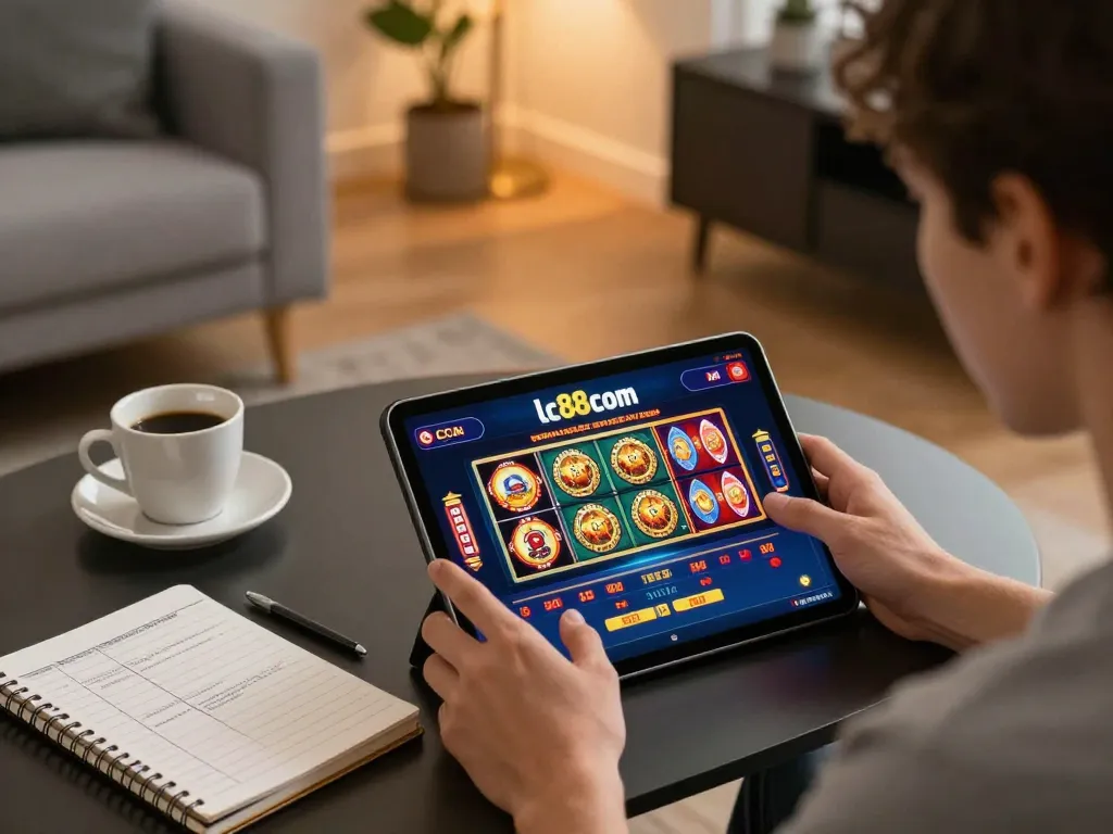 Player enjoying dynamic gameplay on lc88 com using tablet in a cozy, stylish living room.
