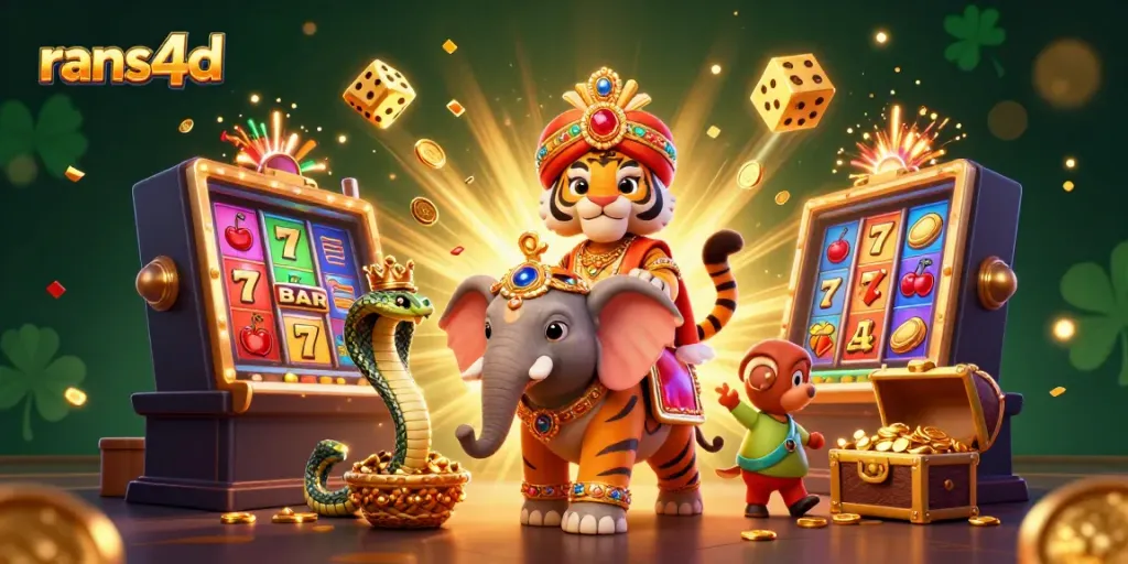 Memenangkan jackpot di RANS4D dengan gambar ilustrasi 3D menampilkan karakter unik dan mesin slot yang menyerbu.