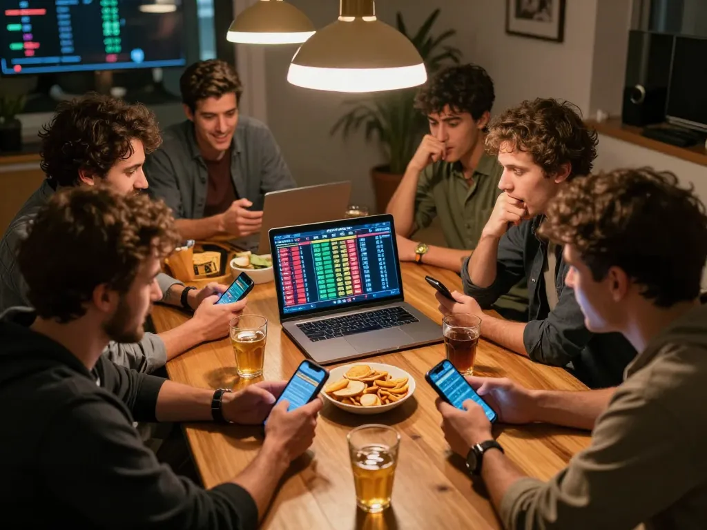 Bongdalu users actively placing sports bets during a lively home gaming night with friends