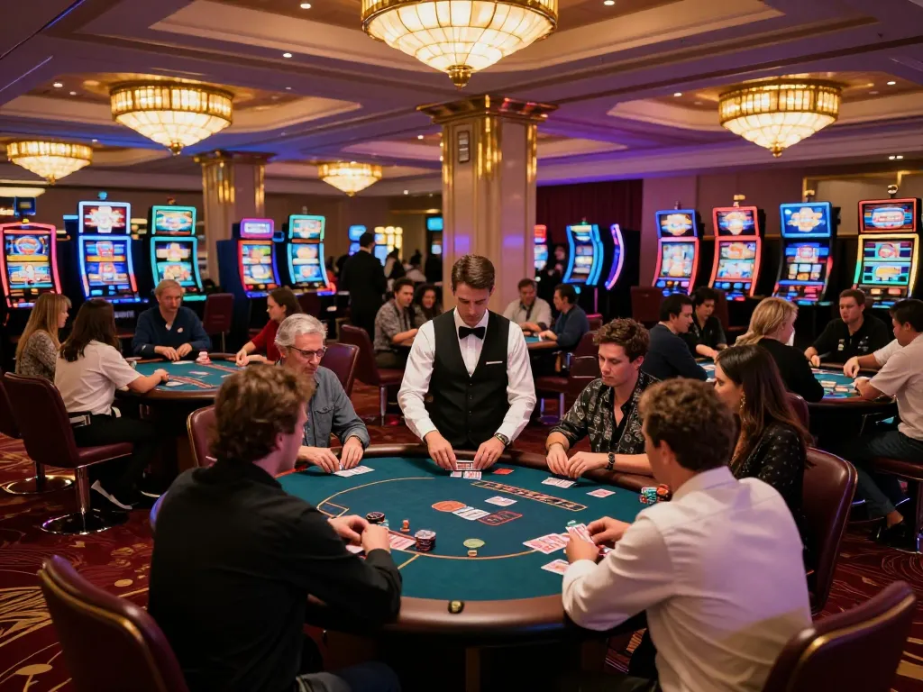 Experience the thrill of live poker at Luck8biz casino with engaged players and colorful decor.