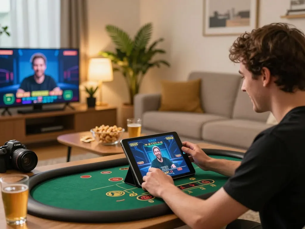 Player enjoying ALO8 live dealer game on tablet in cozy living room, displaying excitement and strategic focus.