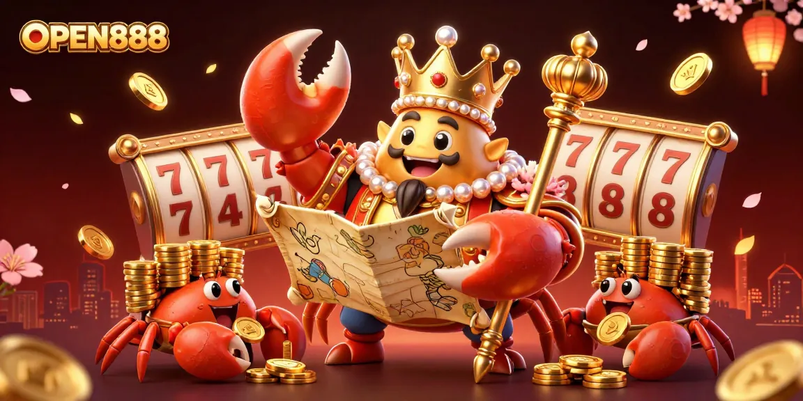 Engage with OPEN888 through a vibrant 3D illustration of a golden crab emperor amidst swirling casino elements.