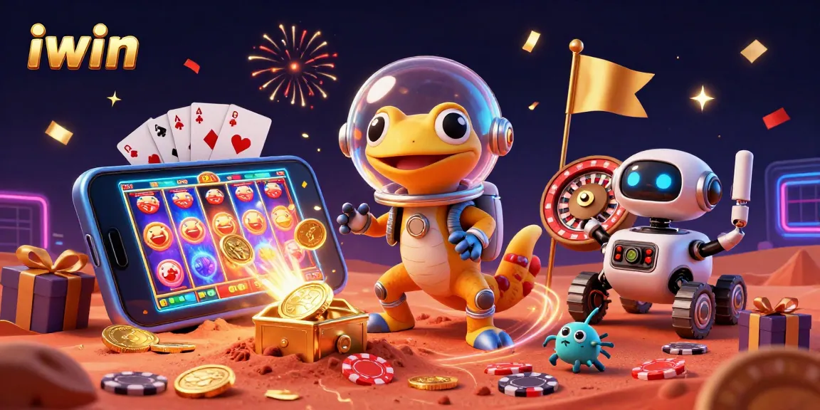 Win big at iwin with a Martian gecko discovering a golden casino, bursting with fun and excitement.