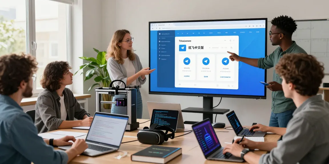 Developers collaborating on 纸飞机中文版 features in a modern workspace, showcasing a dynamic tech environment.