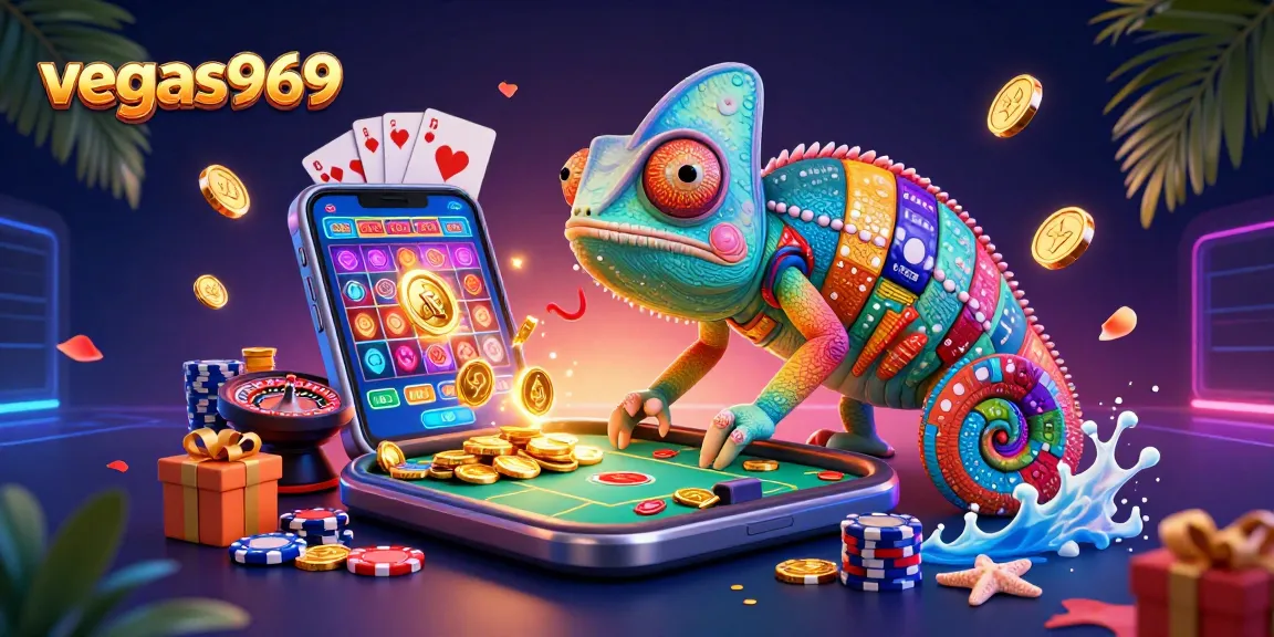 Experience vegas969 with thrilling games as the chameleon owner grabs coins amidst a vibrant casino scene.