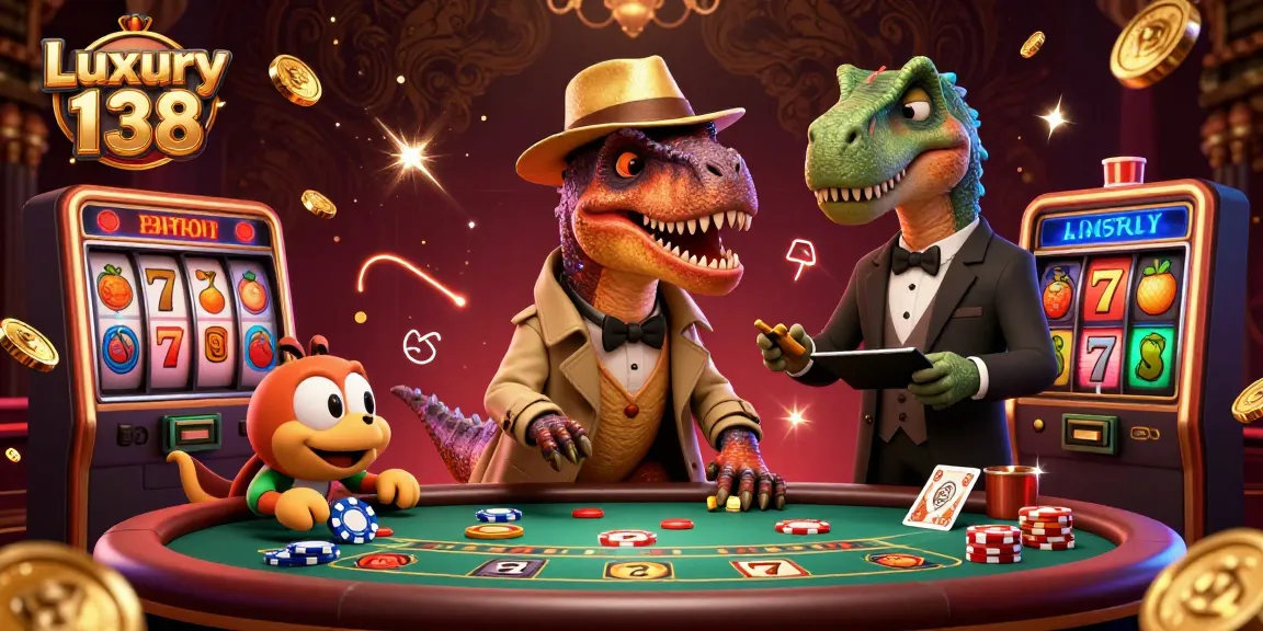 Engage with Luxury 138's thrilling experience as cartoon dinosaurs strategize at the blackjack table.