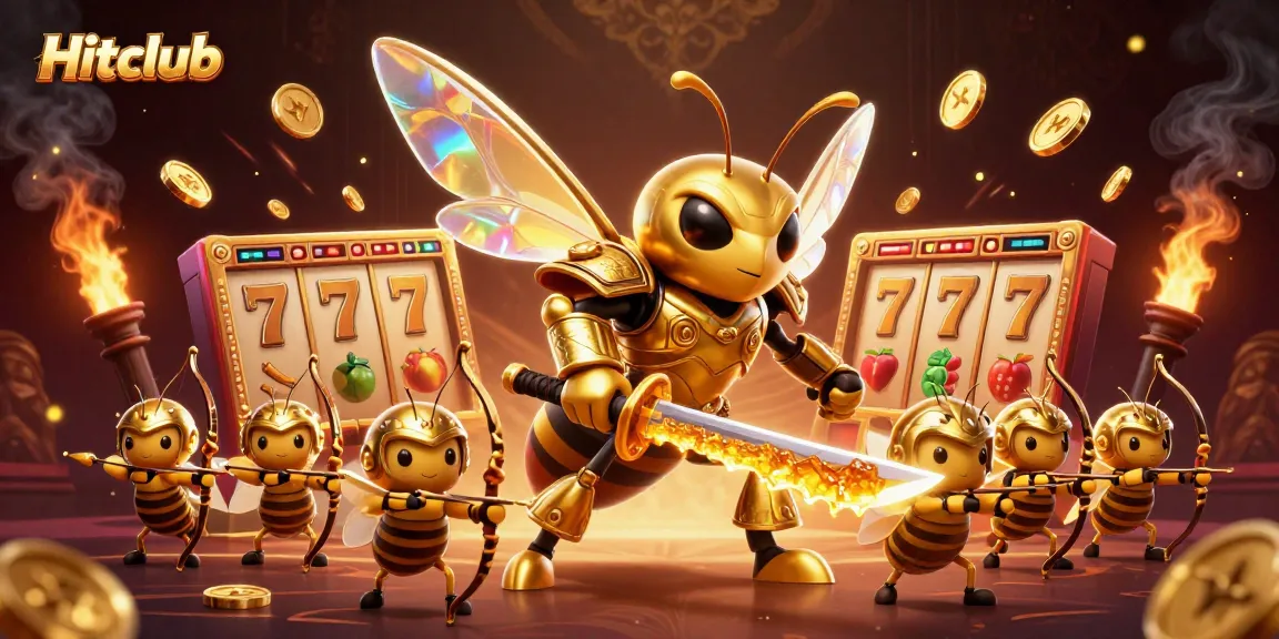 Hitclub presents an exciting 3D scene with a giant hornet samurai and immersive slot game elements.