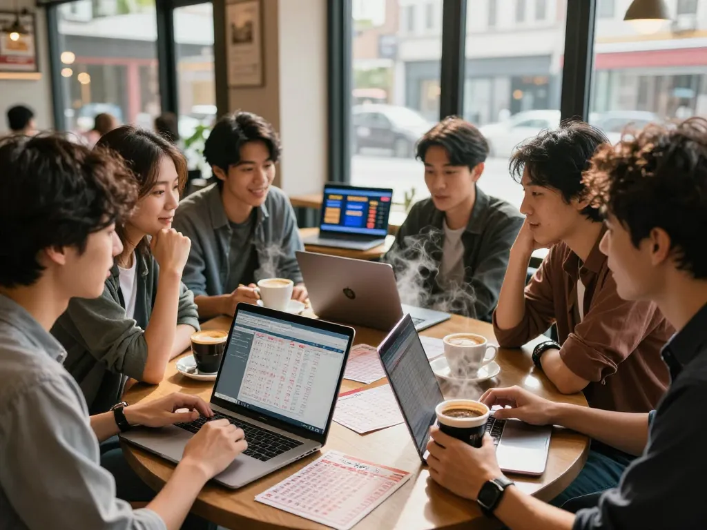 Friends discussing HK Hari Ini lottery results at a cozy coffee shop table, laptops open with live data.