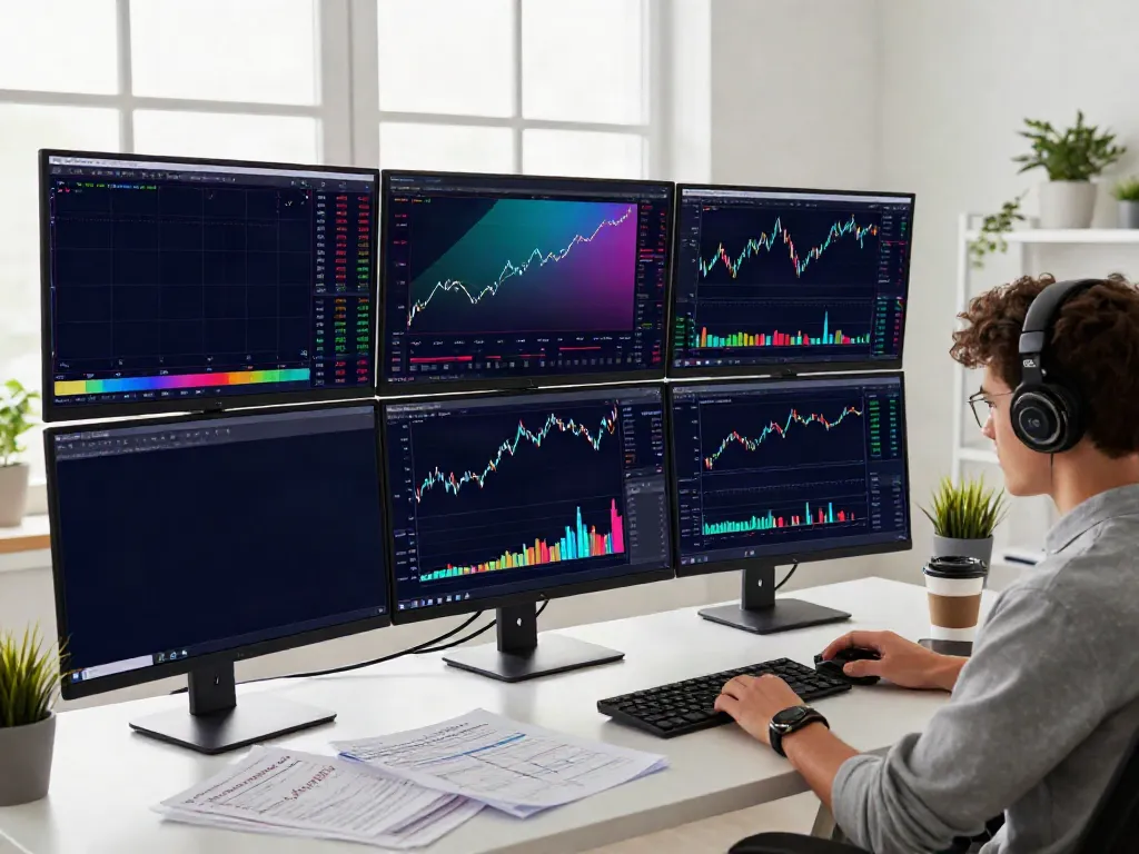 Young trader using TradingView platform on multiple monitors in a bright workspace.