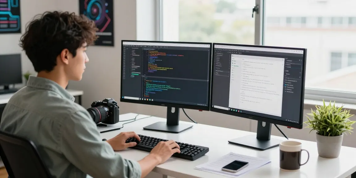 teiegramin.com software development workspace with coding screens and a developer focused on dual monitors in a modern office.