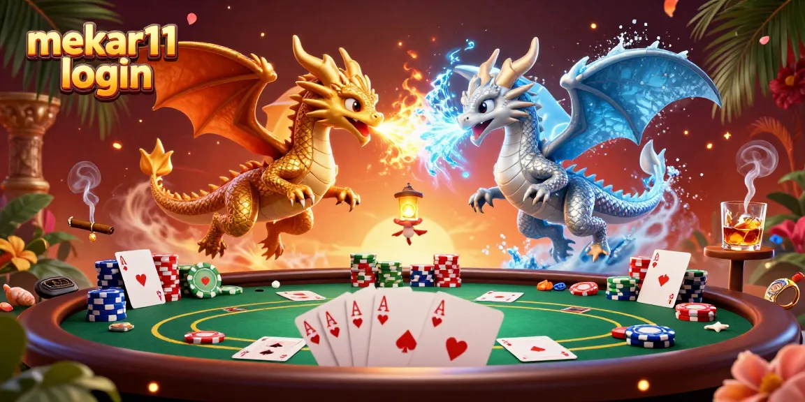 Mekar11 login illustrated as twin dragons battling, surrounded by poker elements and vibrant colors.