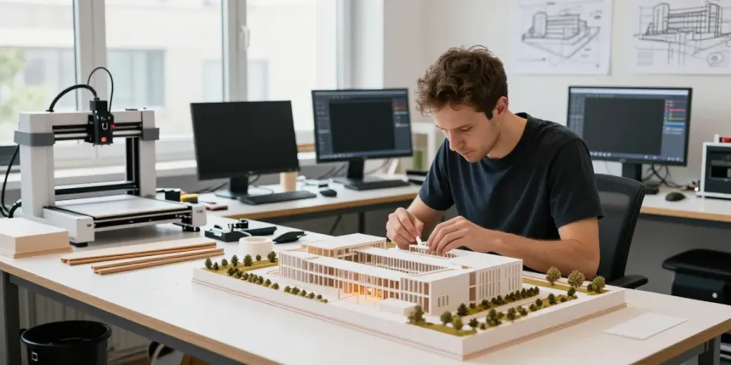 Architectural model maker Germany working in a well-equipped studio creating detailed scale models.