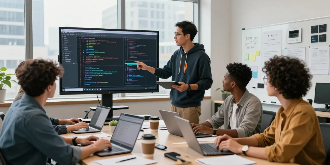 Collaboration in tech development with telegraimin.com developers brainstorming over code in a modern office.