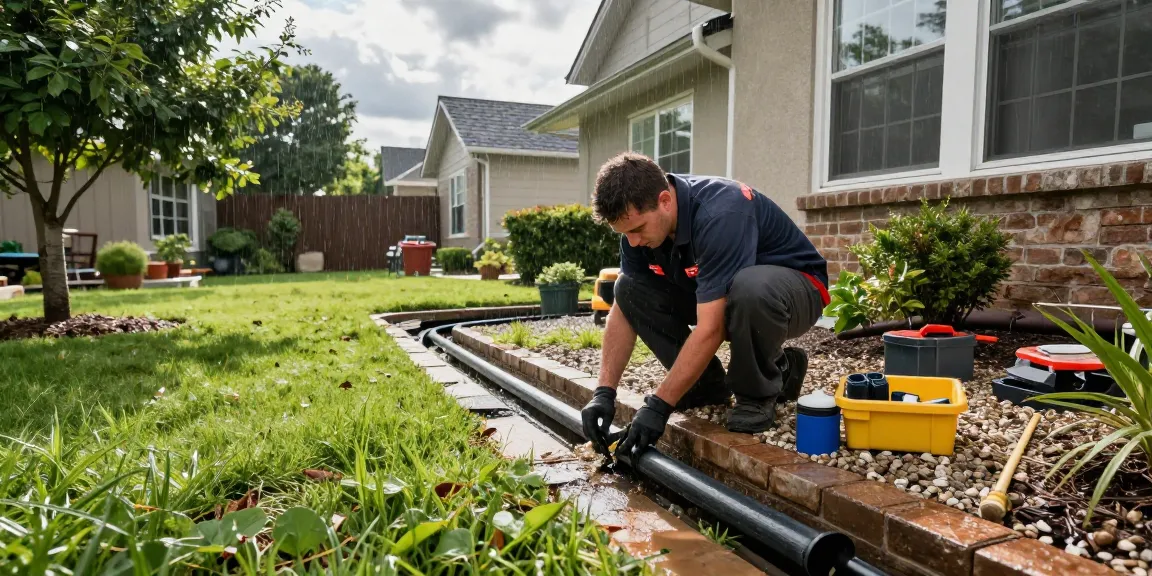 Expert Drainage Services in Aledo, TX technician installing a French drain in a residential yard, highlighting essential drainage solutions.