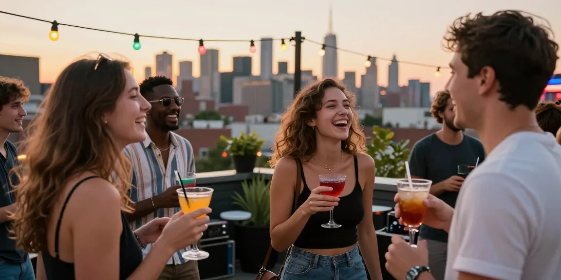A lively rooftop party scene with friends highlighting a moment of crush on someone.