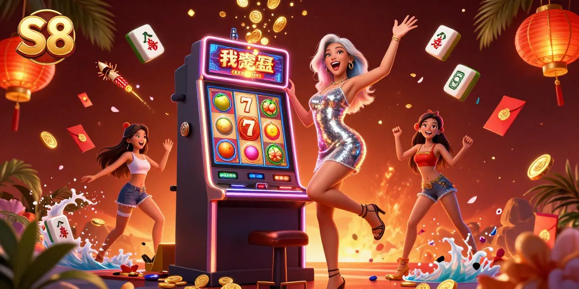 S8 casino scene showcasing a woman celebrating a jackpot win at a vibrant slot machine surrounded by lucky elements.