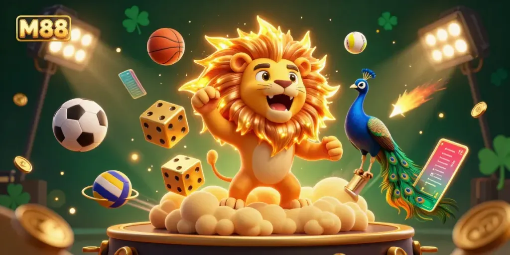 M88 gaming scene featuring the sun lion, golden dice, and sports elements energizing the casino atmosphere.
