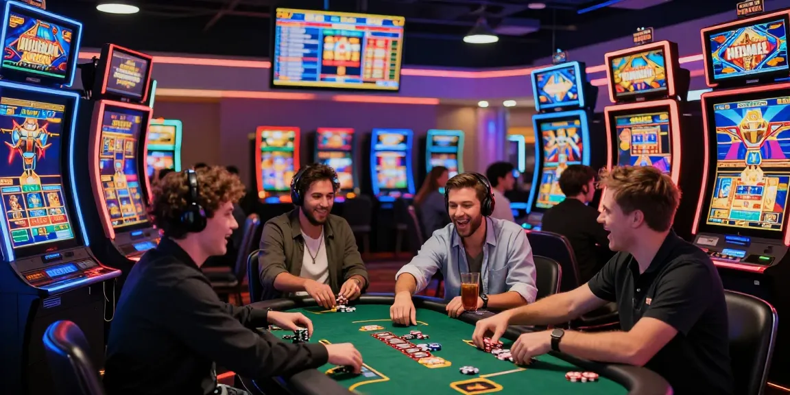 Engaging scene of diverse players enjoying the thrill of slot deposit 1k games in a vibrant casino atmosphere