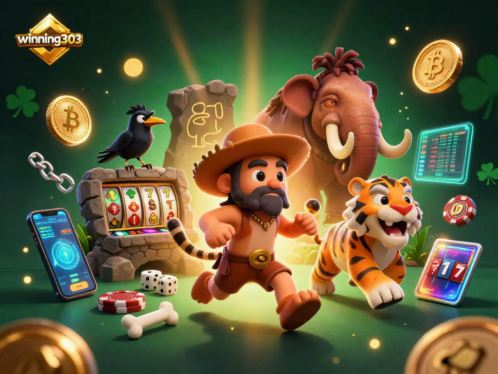 Experience engaging gameplay with winning303 in a vibrant prehistoric casino scene featuring cryptocurrency elements.