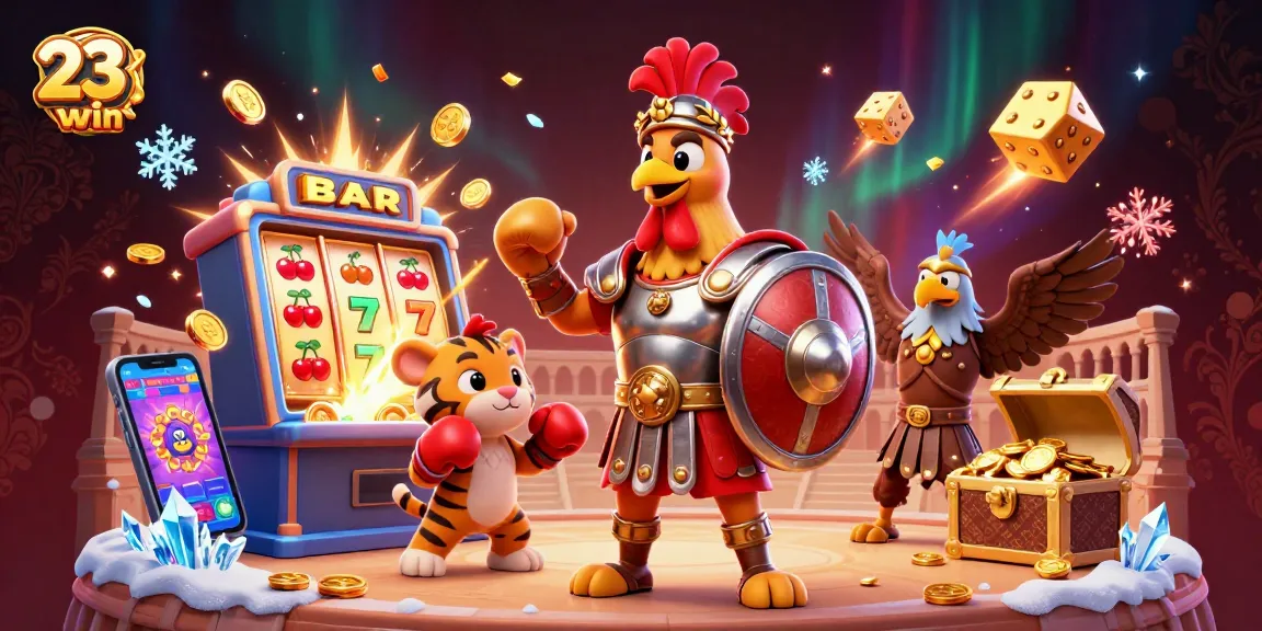 Play exciting games at 23win with a majestic rooster and vibrant casino elements amidst a jackpot theme.