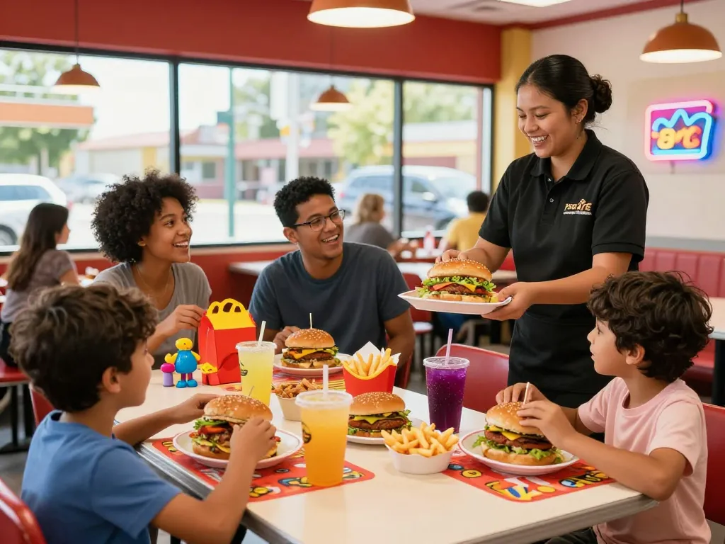 Delicious fast food menu items enjoyed by a family in a vibrant restaurant setting.