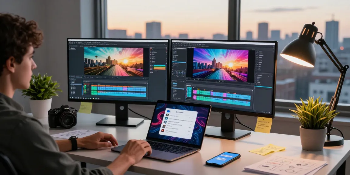 Creator generating AI video prompts in a modern workspace with dual monitors and vibrant interfaces.