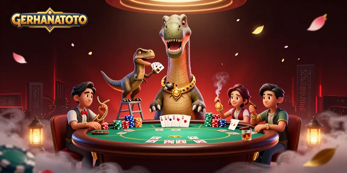 GERHANATOTO menghadirkan ilustrasi kasino dengan dinosaurus dan raptor dalam suasana perjudian yang meriah.