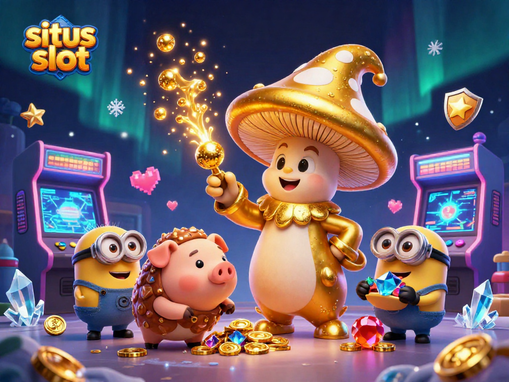 Mendapatkan pengalaman menang di situs slot dengan ilustrasi 3D karakter yang penuh warna dan mesin permainan.