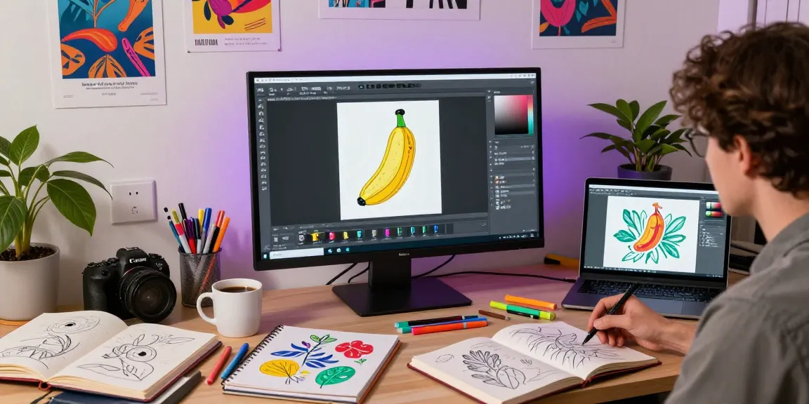 Designer using nano banana pro AI image editor in a vibrant art studio, surrounded by creative tools and mood lighting.