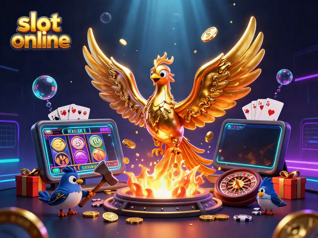 Visualisasi dinamis dari slot online dengan phoenix emas dan elemen permainan kasino menarik.