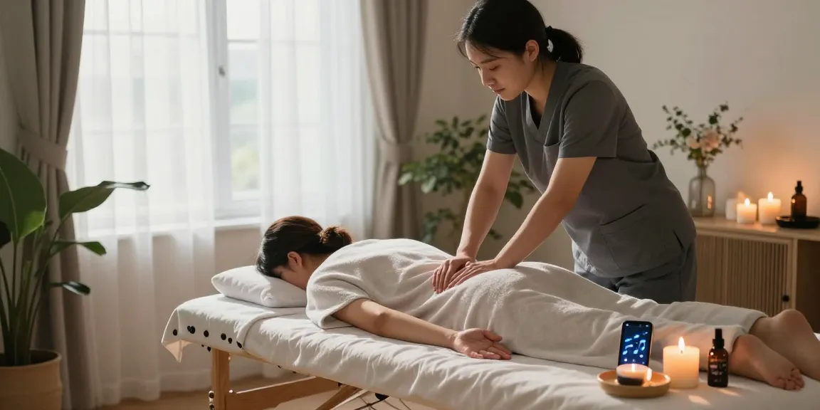 화성출장안마 서비스를 제공하는 전문 마사지사와 아늑한 거실의 편안한 마사지 테이블