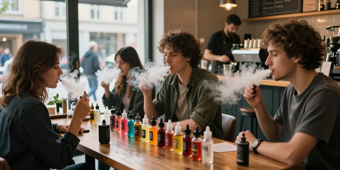 Vape culture scene showcasing various 電子煙油 flavors in a modern café setting.