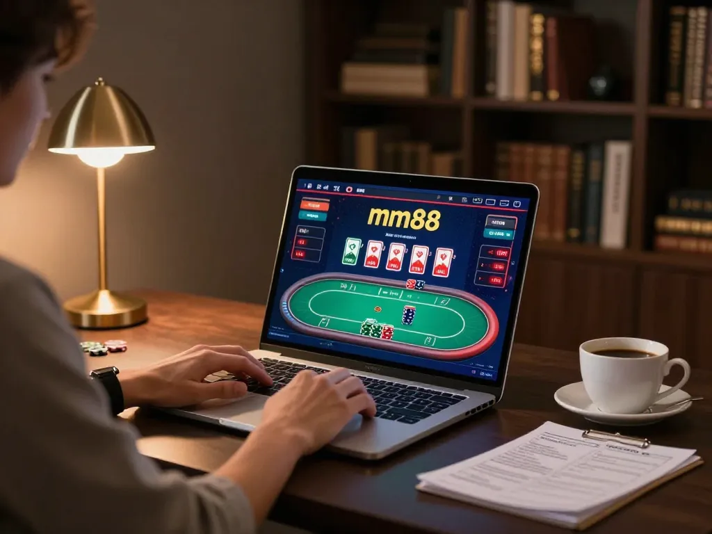 Engaging in mm88 online casino gaming with a poker interface on laptop in a cozy home setting.