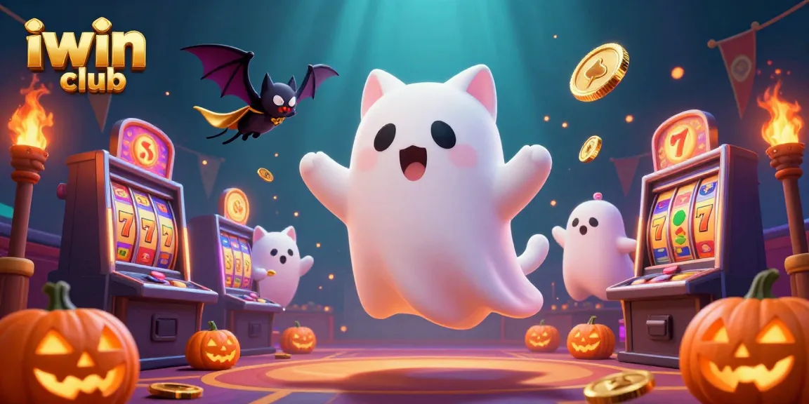 Engage in thrilling gaming with iwin club; lively 3D illustration of a ghost cat and bat in a casino scene.