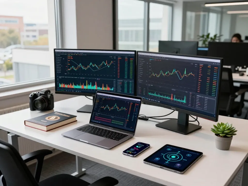 Cryptocurrency analyst engaged in market analysis of iodefi in a modern office environment.