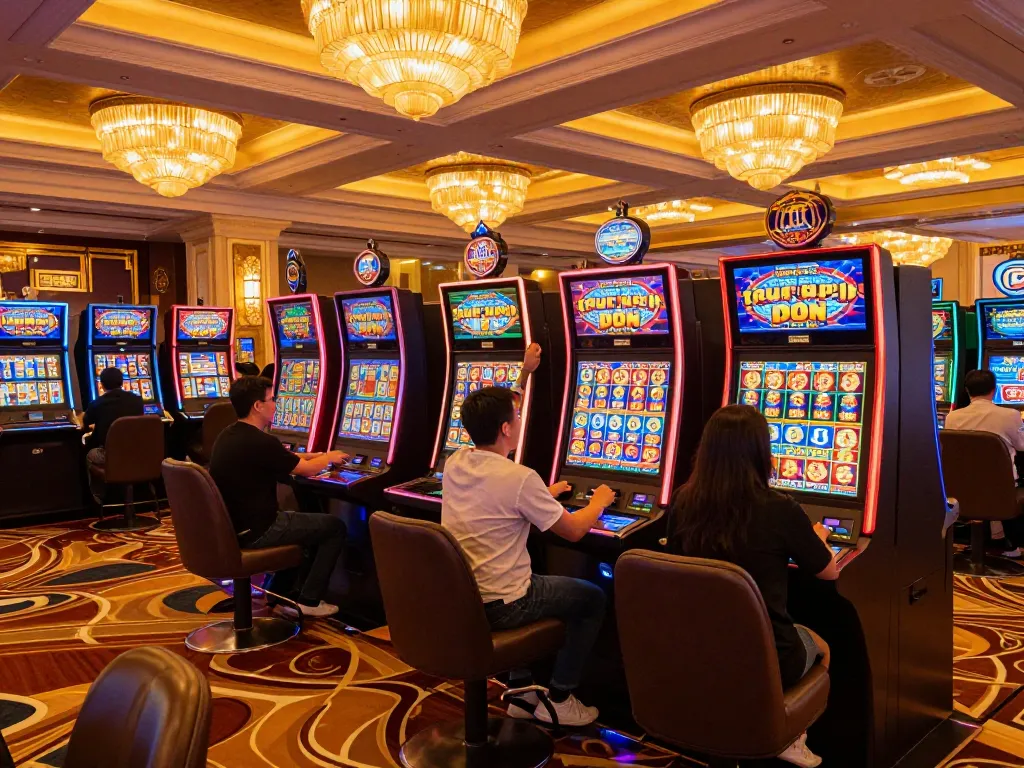 Players enjoying Game bài nổ hũ machines, celebrating wins in a vibrant casino atmosphere.