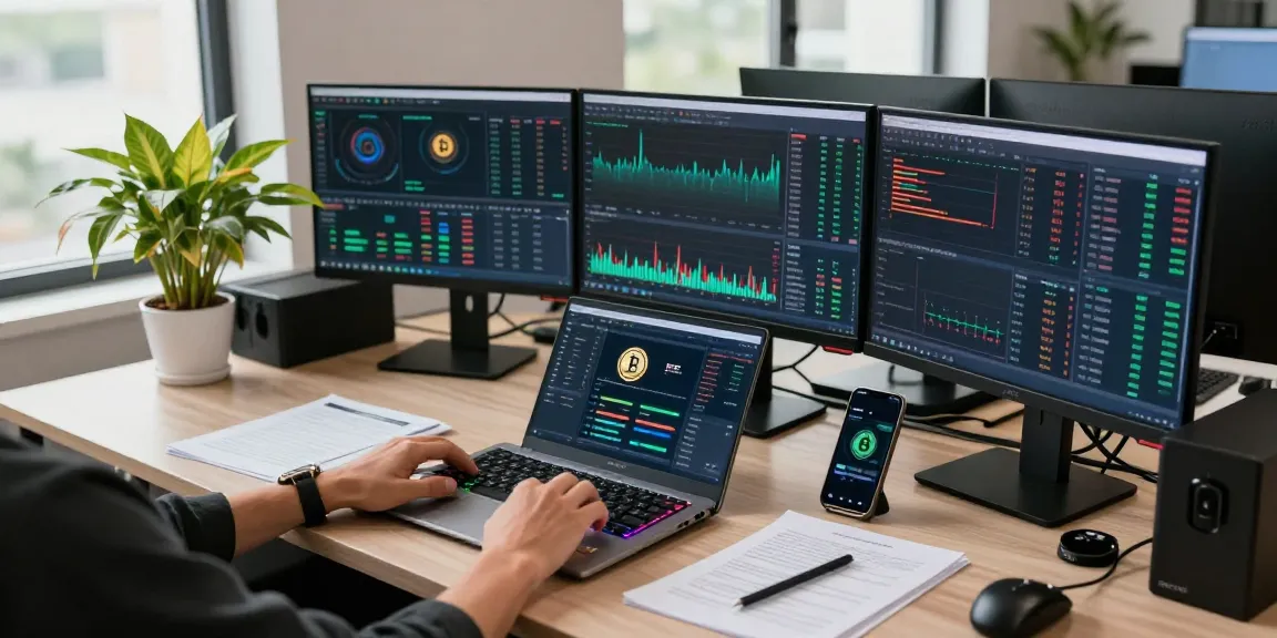 Crypto cloud mining workspace with monitors showcasing live cryptocurrency data and trading platforms.