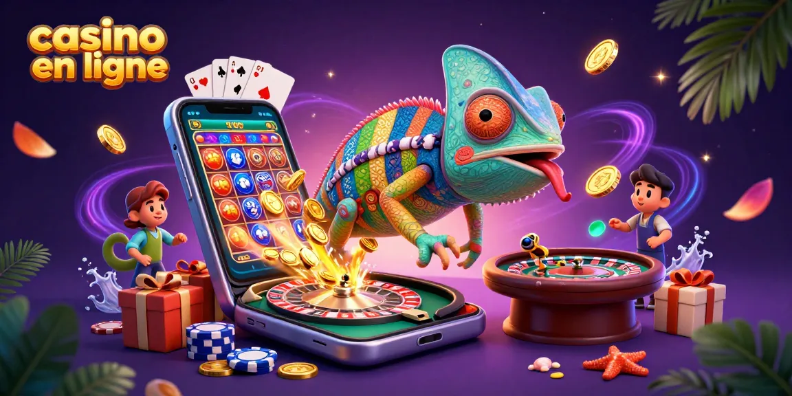 Visualisez le monde captivant du casino en ligne avec ce caméléon colossal attrapant des pièces d'or.