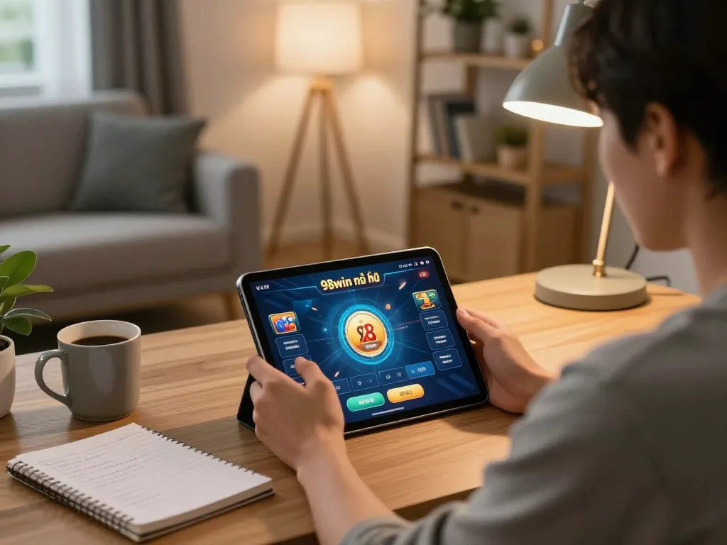 Playing 98win nổ hũ game on tablet in a cozy home setup with betting strategy notes.