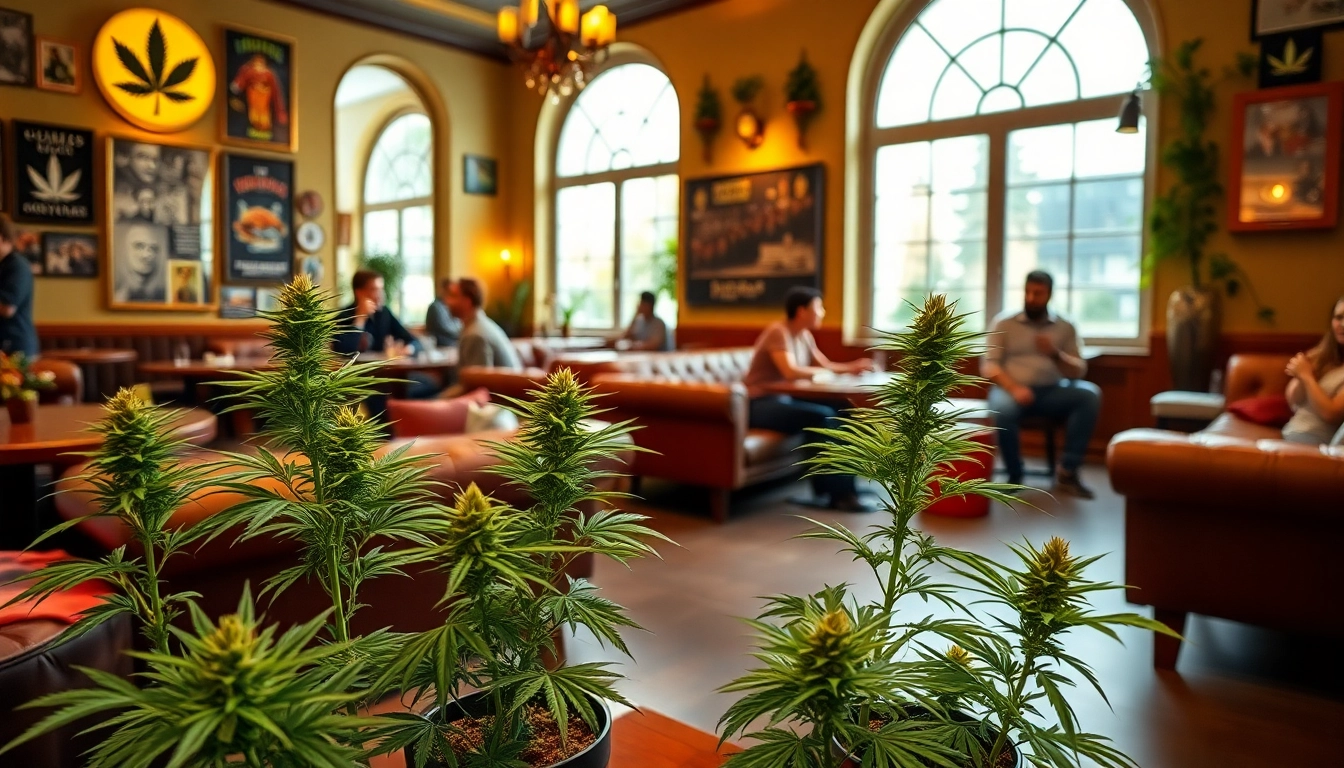 Experience the vibrant atmosphere of a Weed Club Madrid, showcasing cozy seating and lively patrons.