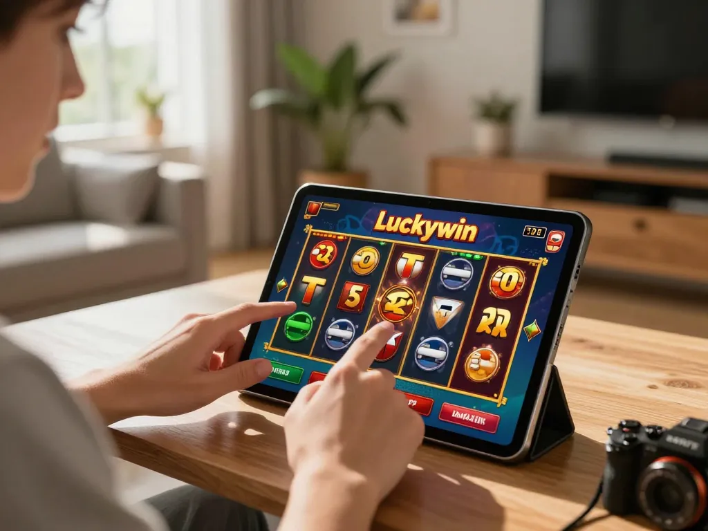 Khoảnh khắc thú vị của một người chơi thưởng thức trò chơi trực tuyến Luckywin trên máy tính bảng trong một không gian ấm cúng.