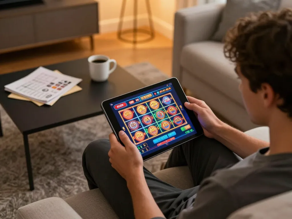 Player enjoying ALO8 casino games on tablet in cozy home setting