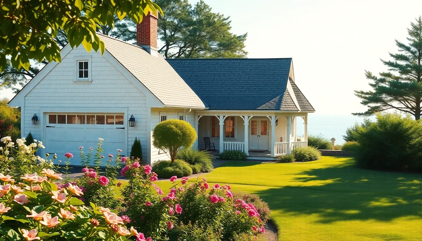 Cape Cod homes with an attached garage and beautiful gardens under natural lighting.