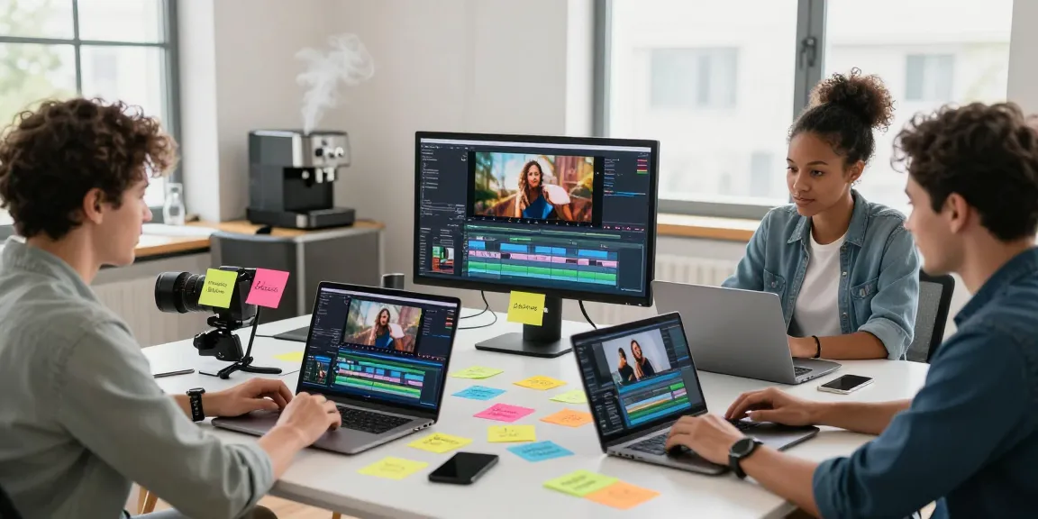 Creative collaboration among content creators using ai seedance 2.0 in a bright editing studio.
