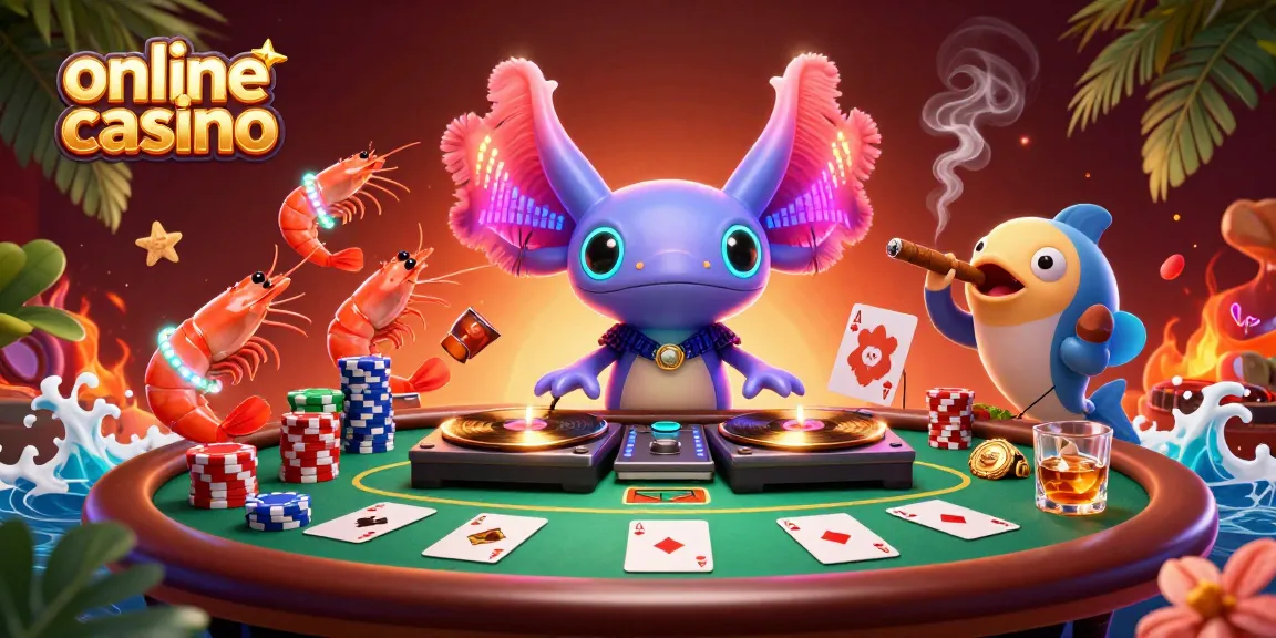 Experience the thrill of an online casino with a neon axolotl DJ and vibrant poker scene.