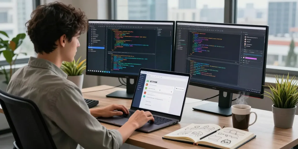 Engaging tech workspace showcasing a user interacting with 纸飞机中文版, surrounded by modern tools and cityscape.